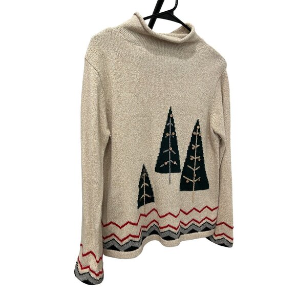 Vintage Crazy Horse Holiday Sweater Beige Knit Green Trees Button Accents Sz S - Picture 3 of 8